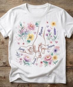 Custom Mom Shirt with Kids Names - Floral Mom Holding Hands Gift