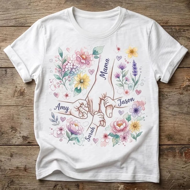 Custom Mom Shirt with Kids Names - Floral Mom Holding Hands Gift 3 Custom Mom Shirt with Kids Names - Floral Mom Holding Hands Gift