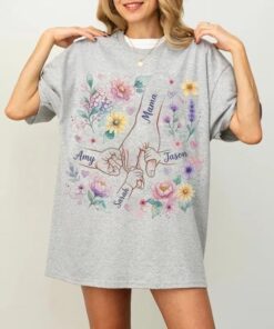 Custom Mom Shirt with Kids Names - Floral Mom Holding Hands Gift 1