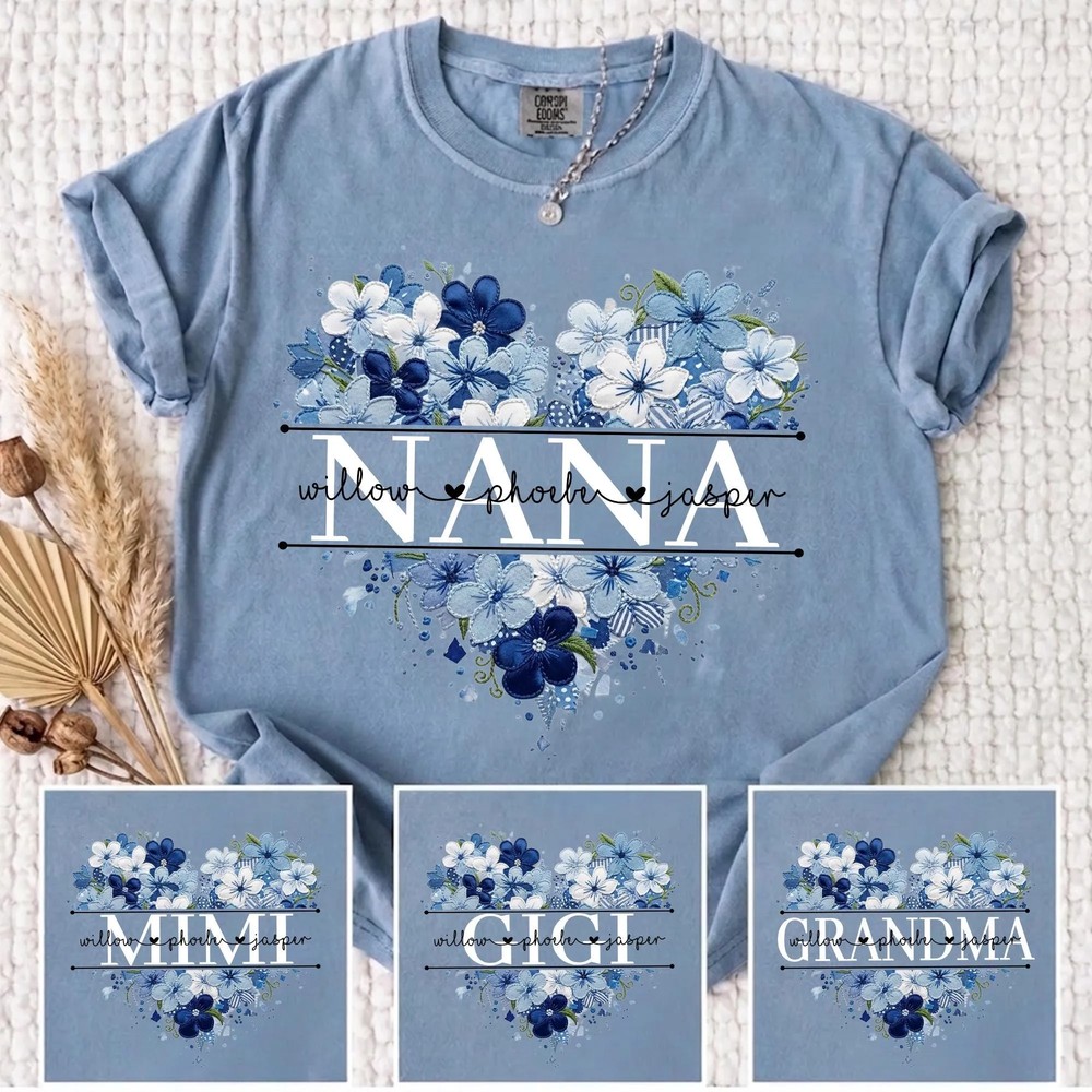 Personalized Nana Faux Patchwork Shirt - Blue Floral Grandma Tee 8 Personalized Nana Faux Patchwork Shirt - Blue Floral Grandma Tee