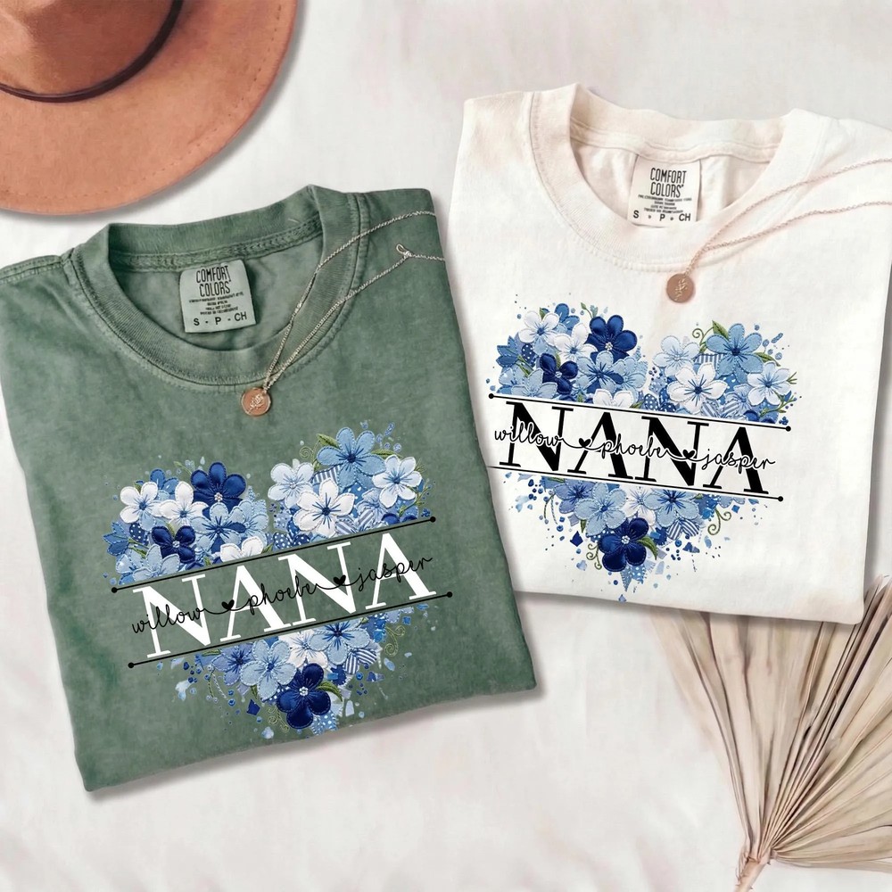 Personalized-Nana-Faux-Patchwork-Shirt-Blue-Floral-Grandma-Personalized-Nana-Faux-Patchwork-Shirt-Blue-Floral-Grandma-Tee-2 Personalized Nana Faux Patchwork Shirt - Blue Floral Grandma Tee 1