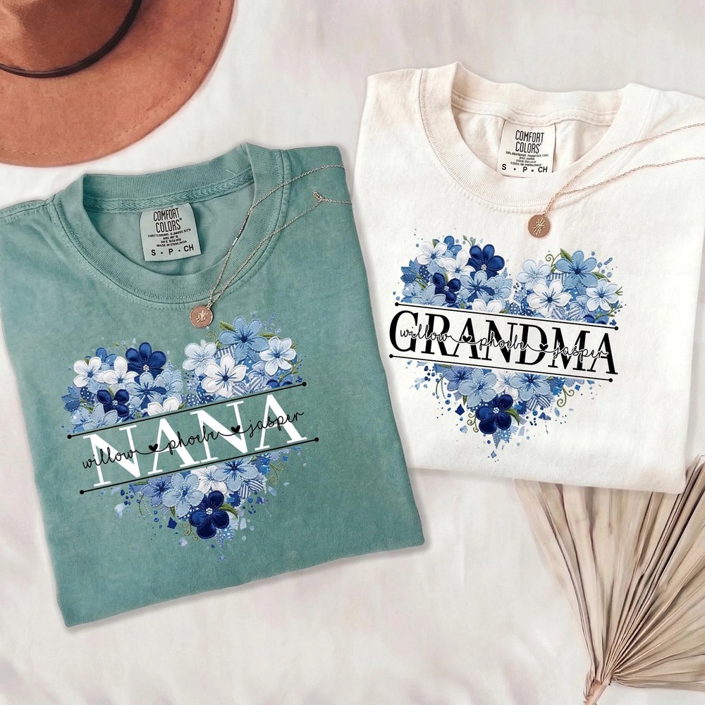Personalized-Nana-Faux-Patchwork-Shirt-Blue-Floral-Grandma-Personalized-Nana-Faux-Patchwork-Shirt-Blue-Floral-Grandma-Tee-3 Personalized Nana Faux Patchwork Shirt - Blue Floral Grandma Tee 2