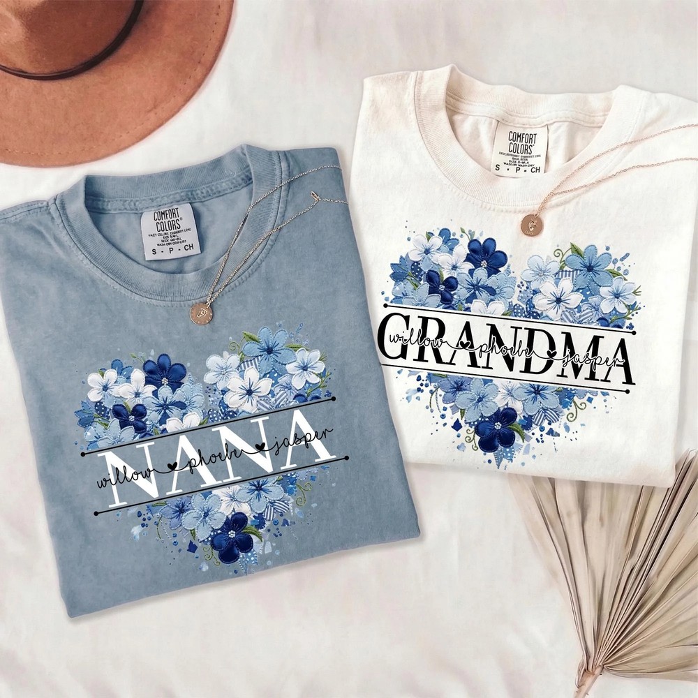 Personalized-Nana-Faux-Patchwork-Shirt-Blue-Floral-Grandma-Personalized-Nana-Faux-Patchwork-Shirt-Blue-Floral-Grandma-Tee-4 Personalized Nana Faux Patchwork Shirt - Blue Floral Grandma Tee 3