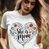 She Is Mom Heart Floral Design - Mother's Day Tee - Floral Gift